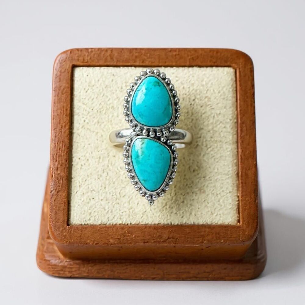 Southwestern Kingman Double Turquoise Statement Boho Ring Sterling Silver Size 6